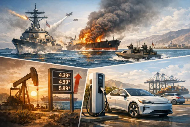 Editorial illustration of electric vehicles and global oil-market disruption