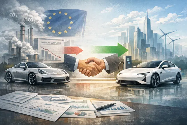 AI-generated conceptual image of a Porsche sports car and an Xpeng electric SUV representing their new CO₂ emissions pooling deal.