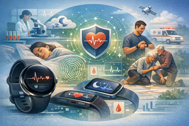 Google Pixel Watch 5 showing Health Guardian features including insulin resistance trends, blood pressure trends, and sleep breathing quality with Google Health app interface