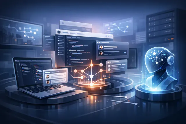 Editorial illustration of Cursor Origin connecting AI coding agents with Git repositories, pull requests, and GitHub synchronization