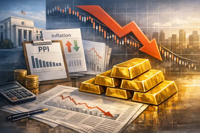 Gold price chart showing pullback from 10-week high with economic indicators and Middle East map overlay