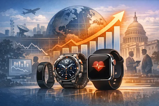 A collage of modern smartwatches with glowing interfaces, one side showing battery life metrics and the other showing health sensor readings, illustrating the Q1 2026 wrist-worn de
