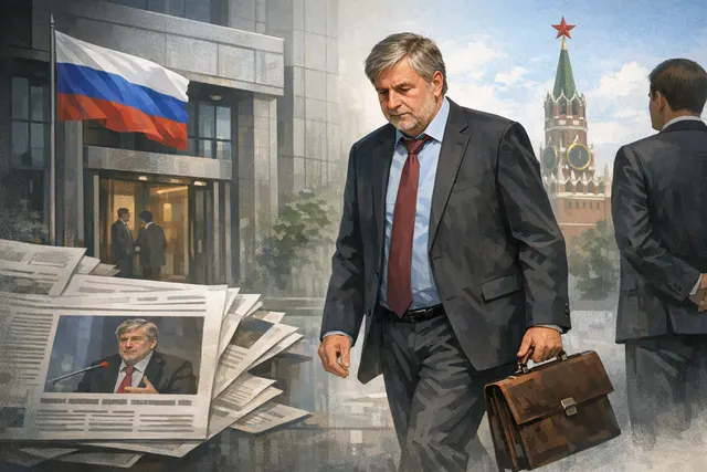 Editorial illustration of Russian economist Andrei Klepach and a warning about Russia’s economic war of attrition
