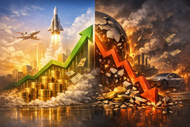 Visual representation of Elon Musk's net worth surge and crash, with a rocket ship and stock market charts symbolizing SpaceX's IPO and subsequent selloff