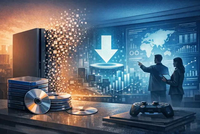 AI-generated editorial hero image illustrating Sony's decision to end physical PlayStation disc production by January 2028, showing a PlayStation disc and a digital download icon.