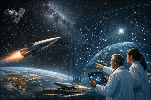 A hypersonic missile silhouetted against a starry sky, representing star-based celestial navigation at Mach 5+ speeds.