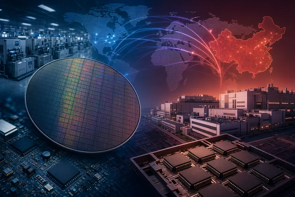 Illustration of semiconductor wafers and AI chips representing mature-node chip supply shifts toward Chinese foundries