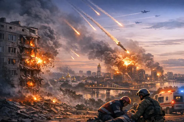 Editorial illustration of a ballistic missile strike on a city skyline representing the August 2026 Russian attacks on Kyiv