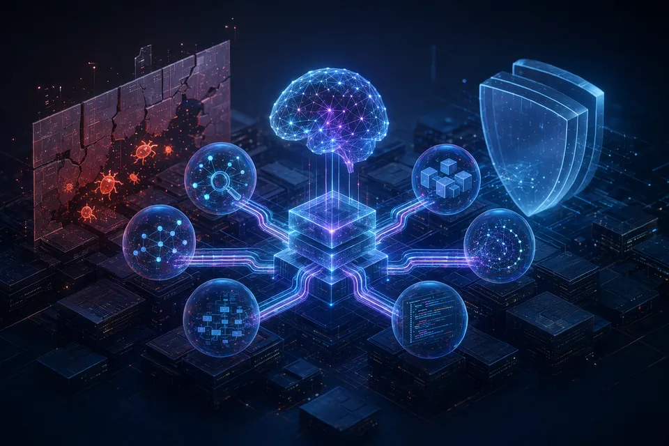 Concept illustration of AI agents scanning code to detect cybersecurity vulnerabilities