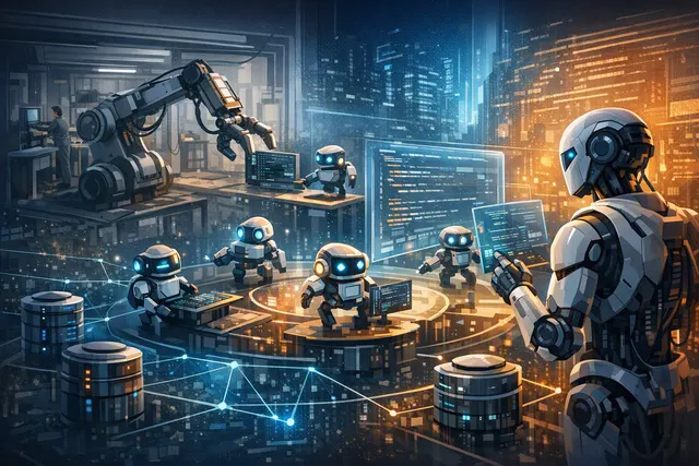 Conceptual illustration of AWS Kiro Crew coordinating multiple AI coding agents in autonomous engineering workflows