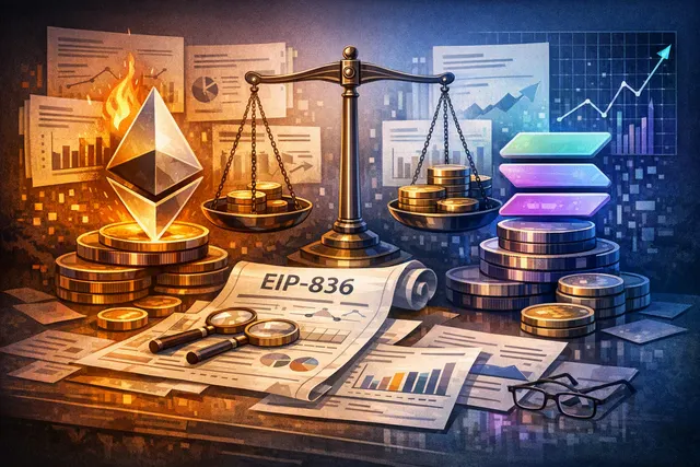 Abstract visualization of Ethereum and Solana blockchain token supply dynamics, with charts showing inflation curves and burning mechanisms