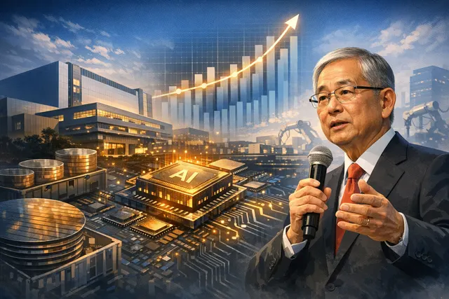 A futuristic visualization of TSMC's CoPoS advanced packaging technology, showing a large rectangular panel with multiple AI chip dies and glass core layers, representing the shift