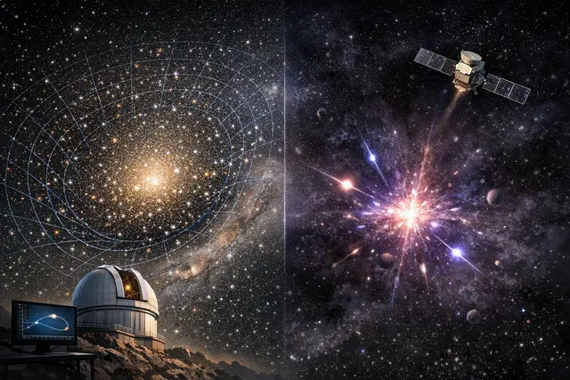 Illustration of a faint stellar stream orbiting a distant galaxy alongside a gamma-ray signal associated with dark-matter research