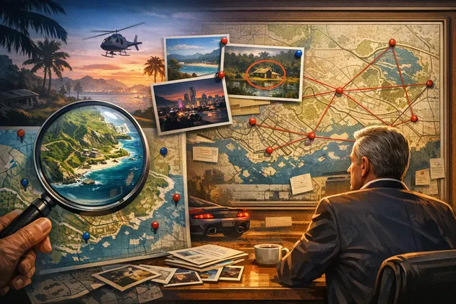 Conceptual image of a hidden GTA 6 map painting inside the Kortz Center Heist in GTA Online, with building silhouettes and neon lights.
