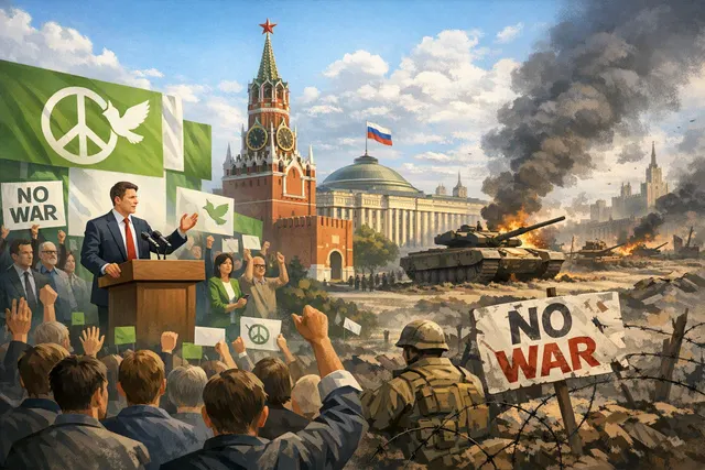 Editorial illustration of a Yabloko party placard with the slogan 'For Peace and Freedom' against a blurred Russian flag background, representing the 2026 State Duma election campa