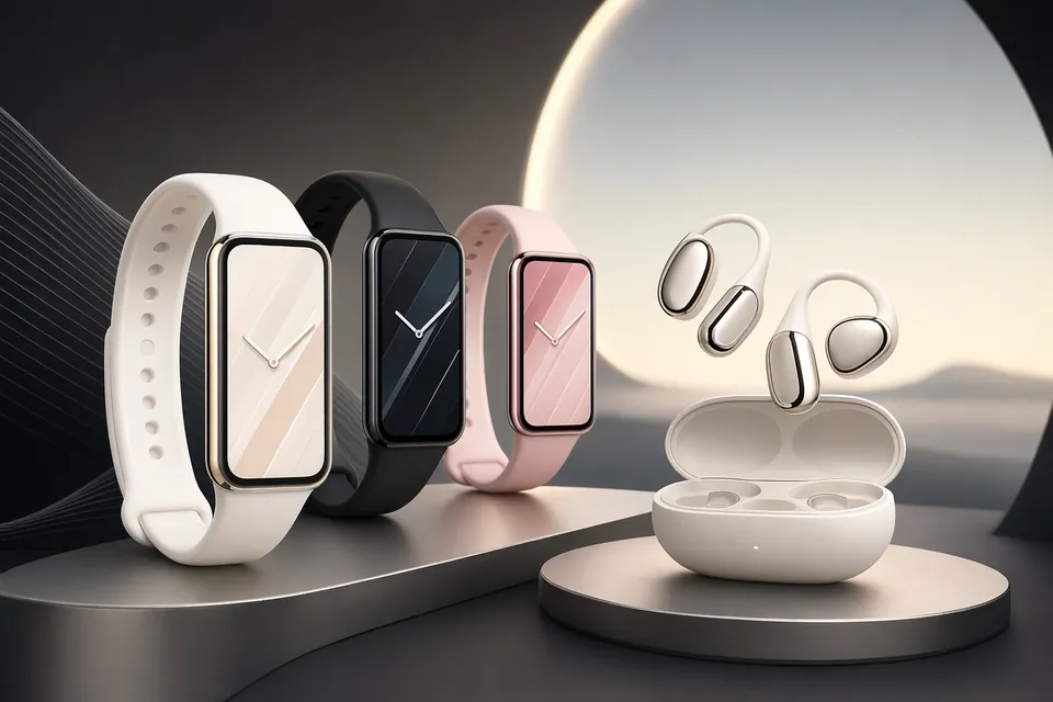Illustration of Xiaomi ecosystem devices including smartphone, fitness band, earbuds, and headphones ahead of a launch event