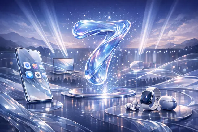 A conceptual visual showing a glass-inspired interface with 3D spatial effects and translucent design elements, representing the HarmonyOS 7 Liquid Glass aesthetic on a futuristic