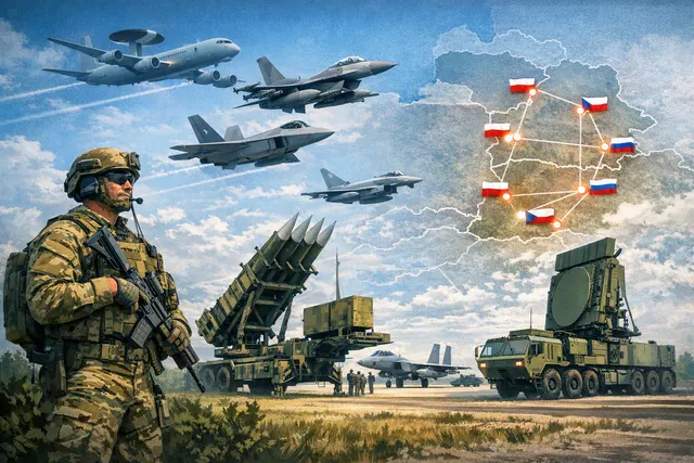 NATO fighter jet on runway at an eastern flank air base with alliance flags in background, representing 2026 air defense deployments from Italy, Turkey, Spain, and France.