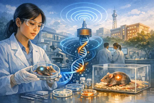 Illustration of an electromagnetic field remotely activating a gene switch inside a mouse cell