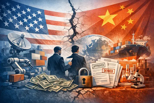Abstract illustration of international trade barriers and export controls showing a map of the US and China with broken supply chain links