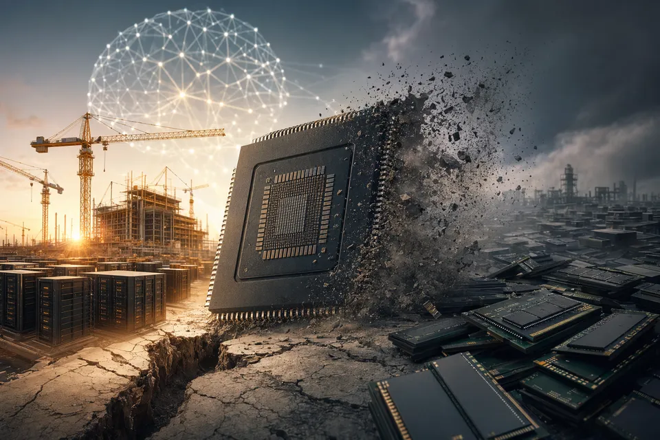 Illustration representing the boom in AI chips and memory demand alongside the risk of a semiconductor market cycle downturn