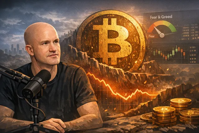 Coinbase CEO Brian Armstrong on a podcast set, discussing Bitcoin's $60,000 bottom and $1M 2030 prediction