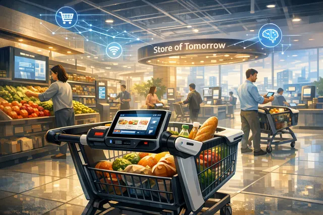 Illustration of an AI-powered supermarket shopping cart with an interactive display