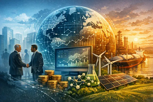 Abstract visualization of carbon-intensity data flowing into a commodity trading interface, with price, volume, and emissions metrics visible on a trade ticket.