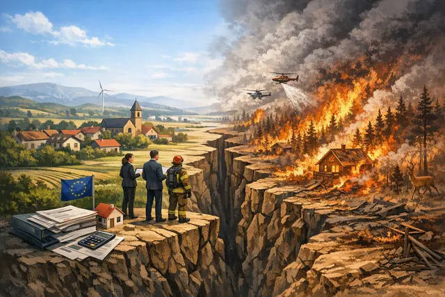 Aerial view of a wildfire approaching a residential area in southern Europe, illustrating the growing threat of urban wildfires and the insurance protection gap.