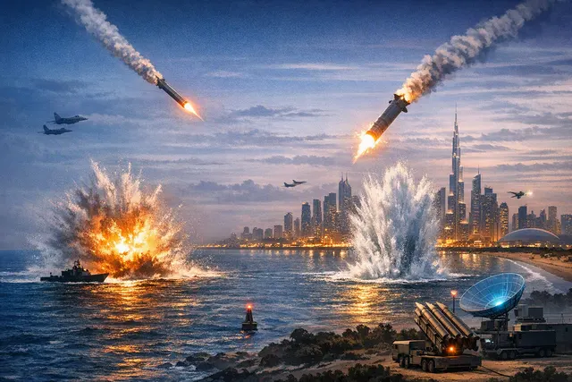 Illustration of UAE air defences intercepting Iranian ballistic missiles over the Gulf