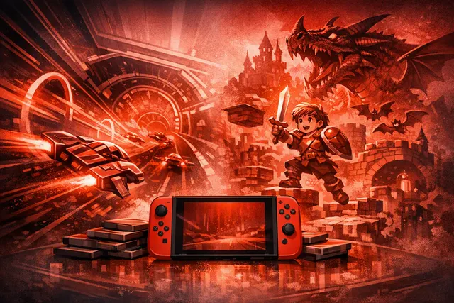 Collage artwork featuring the two newly released Virtual Boy games Zero Racers and D-Hopper on Nintendo Switch, with the Nintendo Switch Online branding.