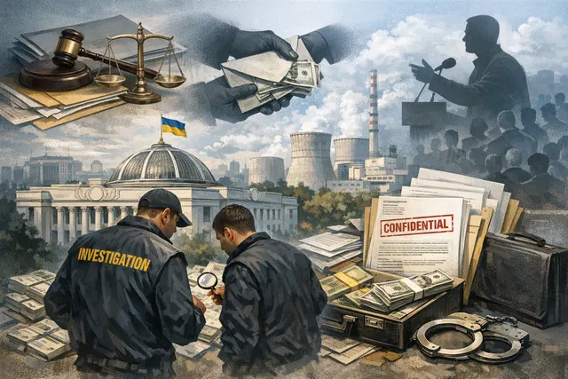 AI-generated editorial illustration of Ukraine’s anti-corruption investigation and wartime political crisis