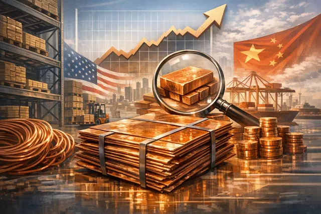 Editorial illustration of copper cathodes, warehouse inventory and rising market prices