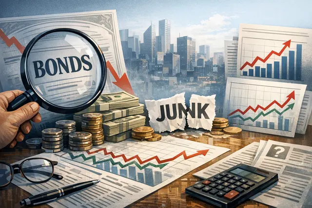 An abstract illustration of a tightrope walker balancing a stack of coins labeled 'IG' above a chasm marked 'junk,' representing the $100 billion in investment-grade bonds trading