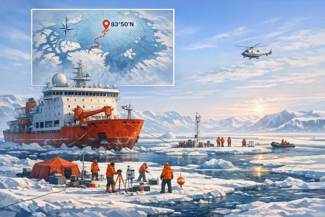 Illustration of China’s Xuelong research vessel operating among Arctic sea ice with scientific observation stations