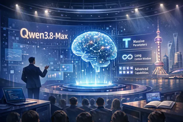 Alibaba Qwen3.8-Max Preview launch — abstract AI chip and data visualization with the Qwen logo
