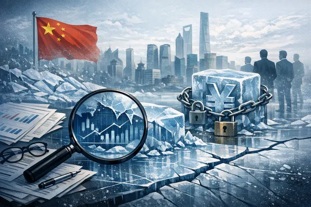 Editorial illustration of global private-equity investment retreating from China amid regulatory and geopolitical uncertainty