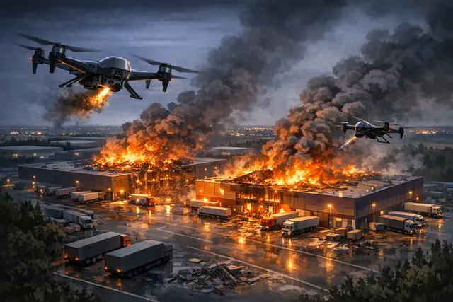 Illustration of a drone strike and fire at a large Wildberries logistics warehouse near Moscow