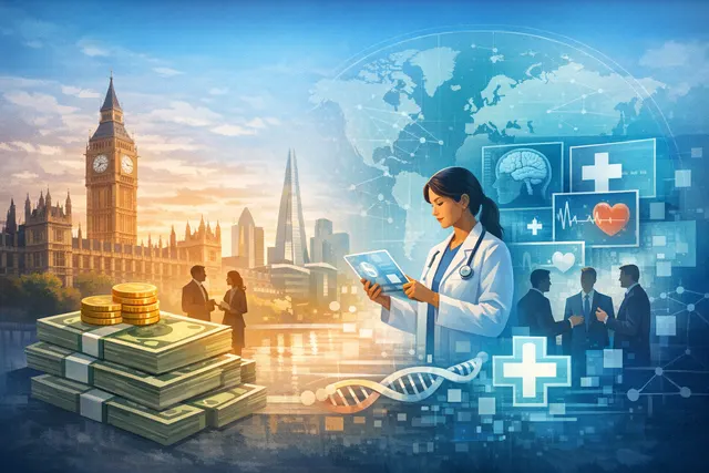 Illustration of a modern local clinic with a glowing digital interface, representing decentralized specialist healthcare technology.