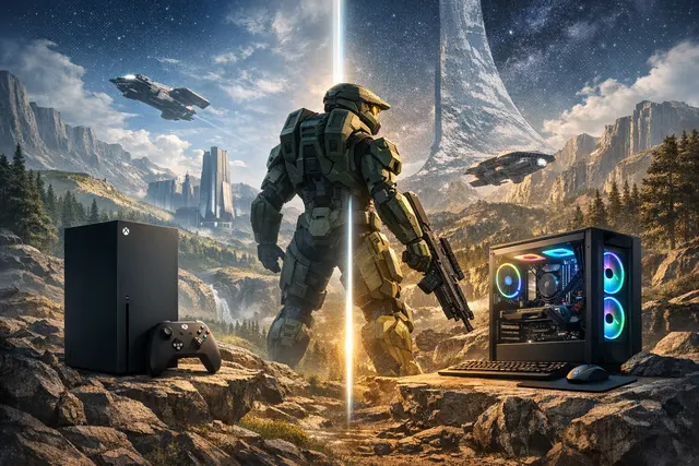 A lone Spartan super-soldier stands atop a grassy hill on the iconic Halo ring, overlooking a Unreal Engine 5-remade alien landscape with waterfalls, ancient Forerunner structures,