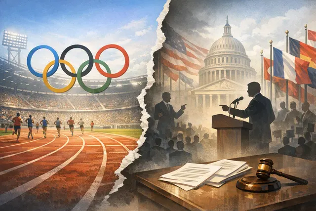 Sebastian Coe speaking at the European Championships in August 2026, with Olympic rings and athletics track in the background