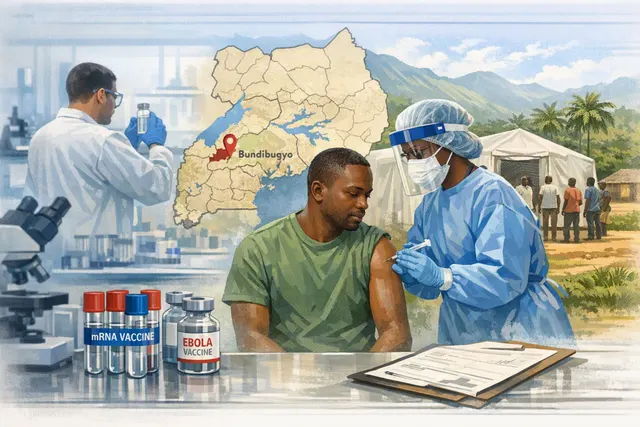 A conceptual medical illustration of an mRNA lipid nanoparticle vaccine, representing Moderna's mRNA-1469 candidate against Bundibugyo ebolavirus.