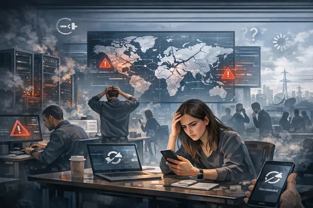 Illustration of a smartphone displaying error messages for Meta's social media platforms during a global outage