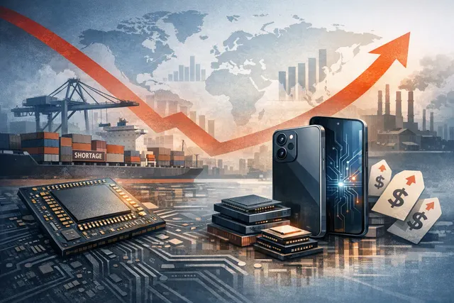 Editorial illustration of smartphones and memory chips amid a global semiconductor shortage