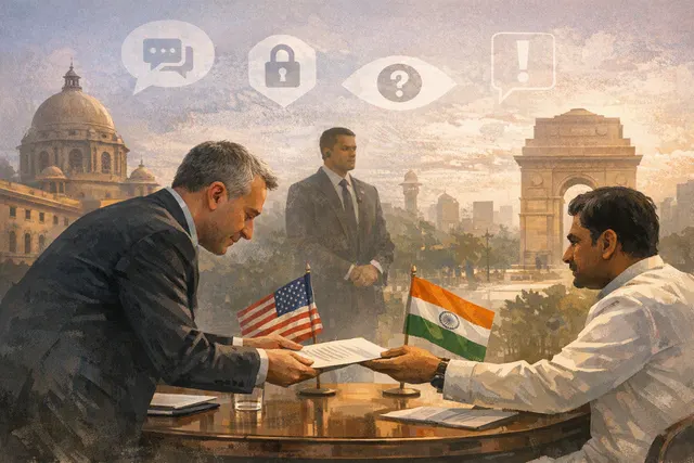 A symbolic illustration representing Mark Zuckerberg apologizing to the Indian government — showing a Meta logo, the Indian flag, and a broken chain representing revoked legal immu