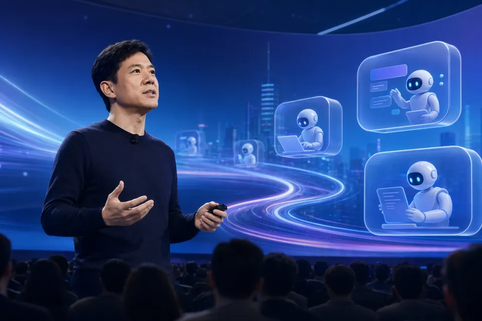 Concept illustration of Baidu’s AI agent ecosystem announced at Create 2026 including DuMate, Miaoda, Baidu Yijing, and Famou Agent 2.0