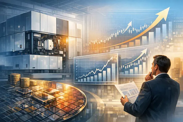 Editorial illustration of ASML semiconductor lithography equipment, EUV capacity expansion and stock-market analysis