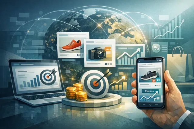 Illustration of ChatGPT Ads evolving into a conversion-focused advertising platform with product feeds and campaign analytics