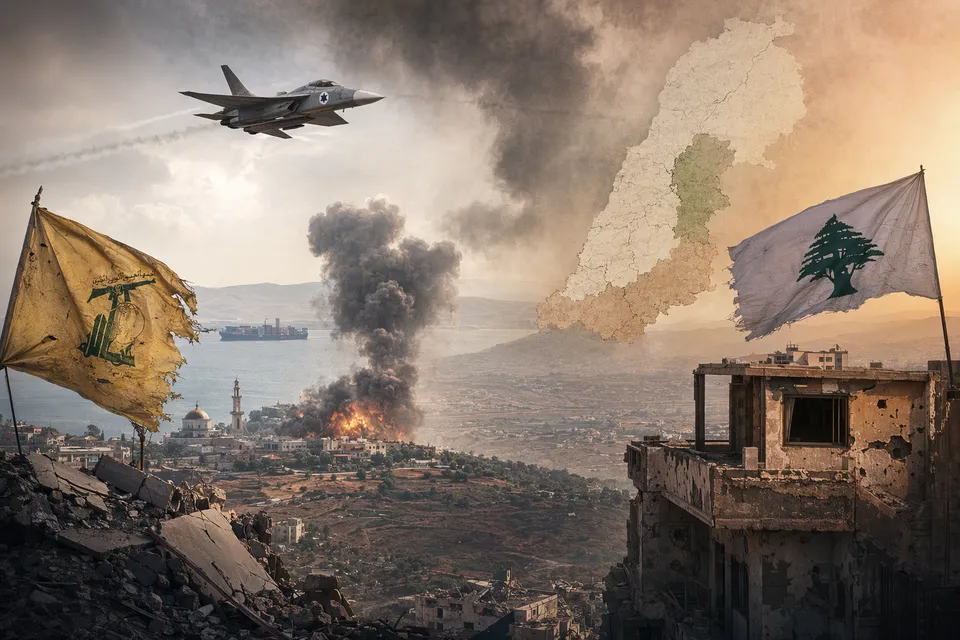 Smoke rising over a border landscape illustrating the fragile Israel-Hezbollah ceasefire in Lebanon.