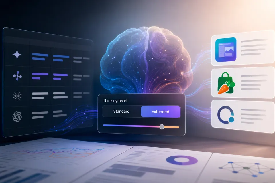 Concept illustration of the Google Gemini AI app with reasoning controls and connected apps